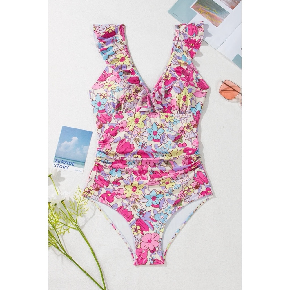 Floral Ruffle Trim V Neck Lace-up Back Tummy Control One Piece Swimsuit - Picture 4 of 4